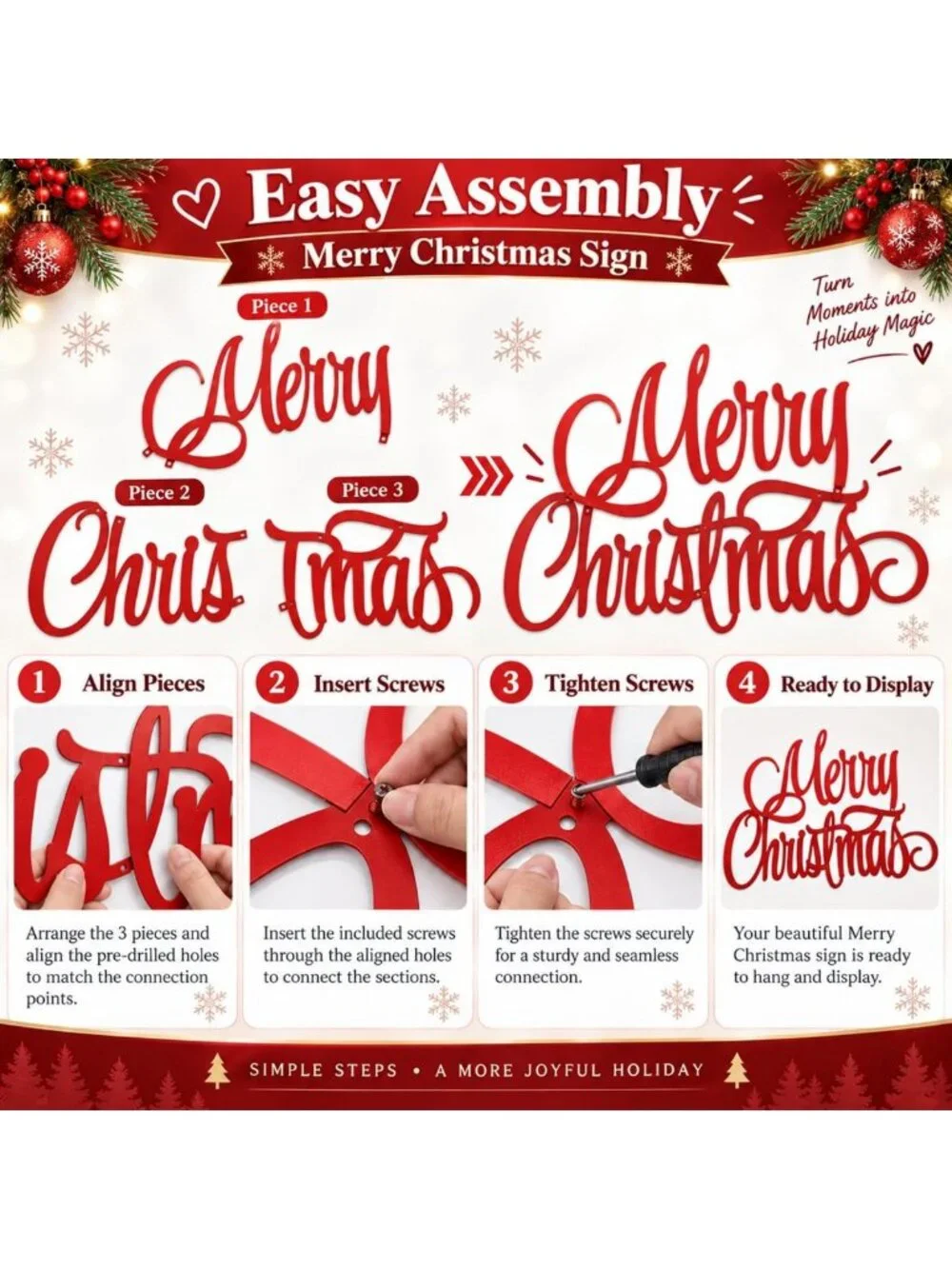 35 Inch Red Merry Christmas Metal Wall Art - Outdoor Holiday Decor